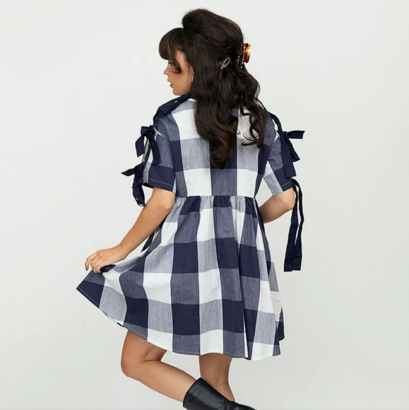 LAZY OAF Left Field Tie Dress In Blue/white Checkered Print. Size 6 - Picture 16 of 16